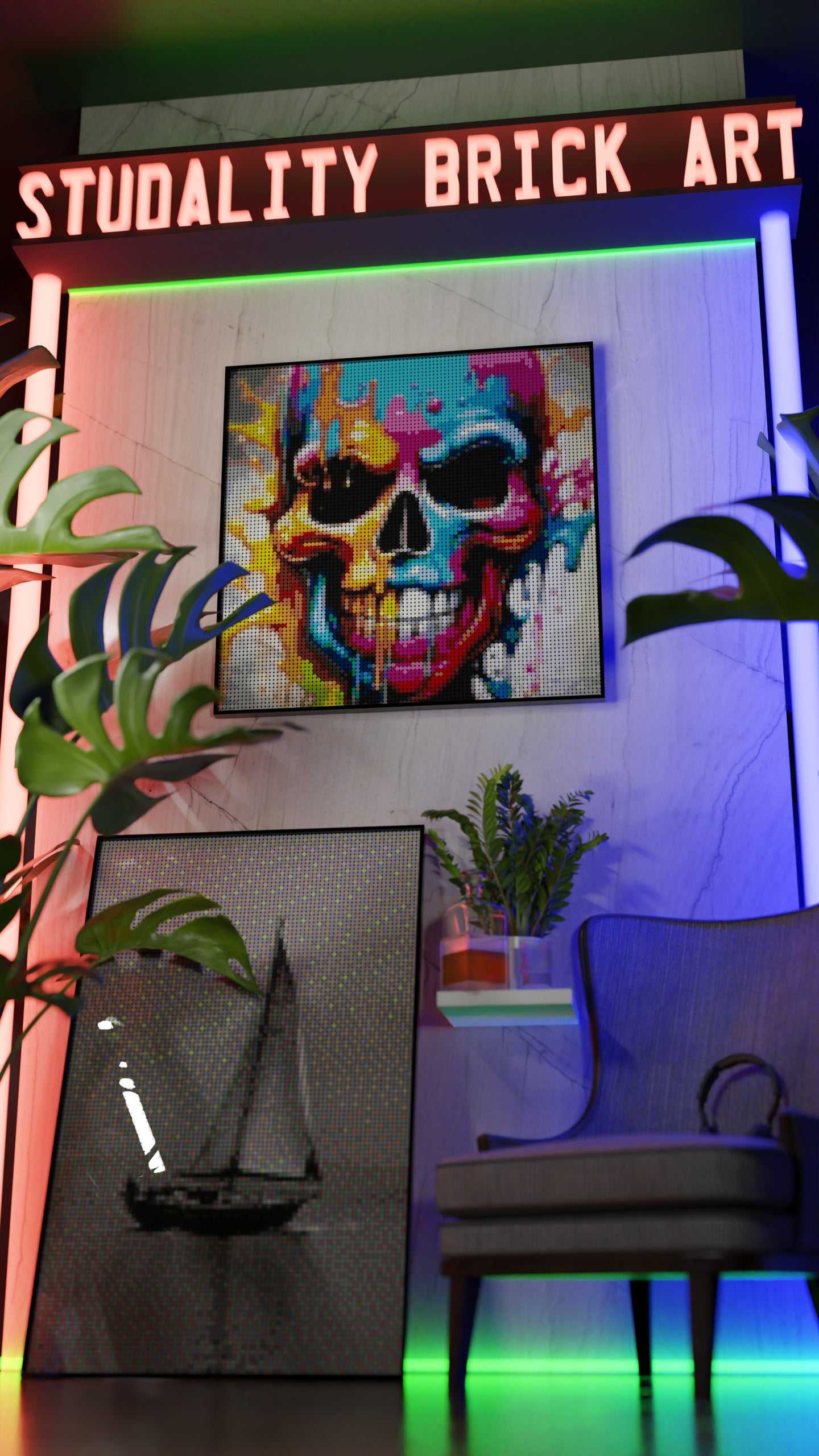 Vivid Decay LEGO® Style mosaic wall art made from colorful plastic bricks